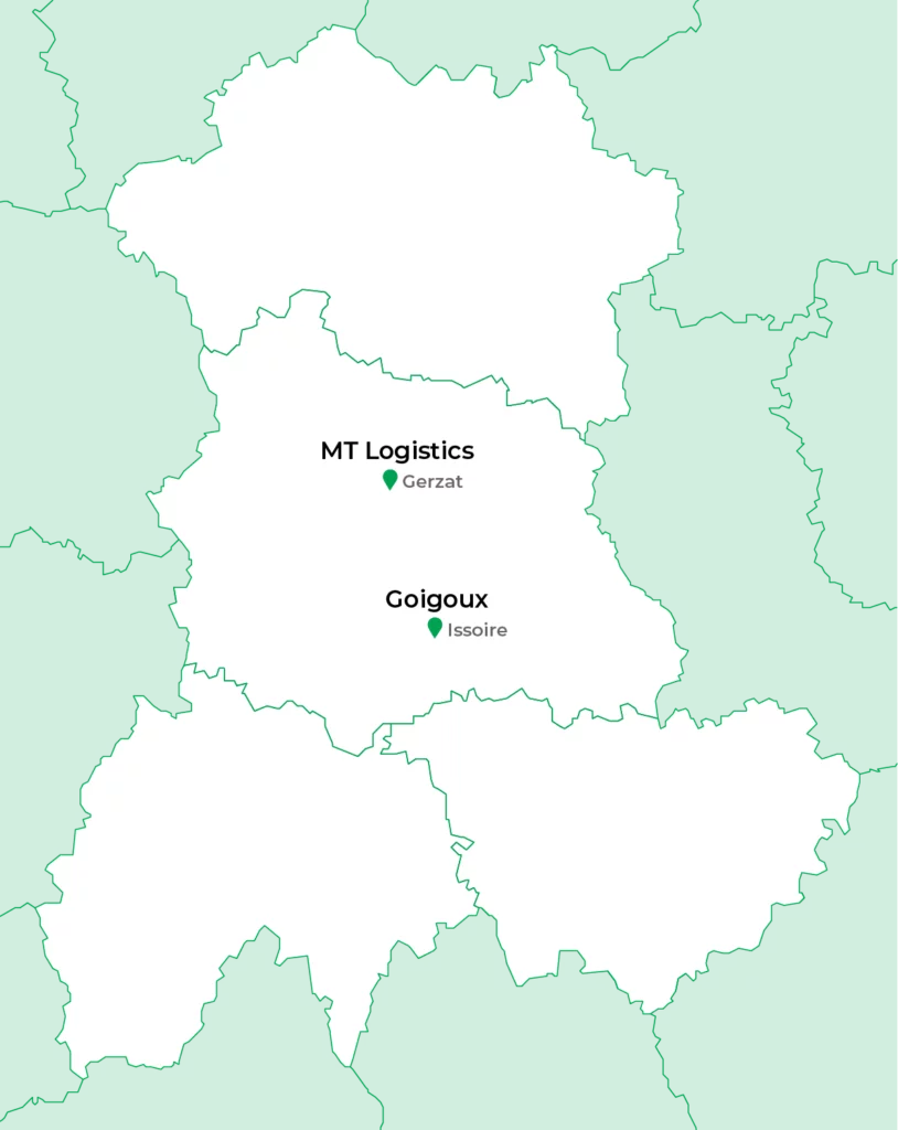 Carte de l'auvergne avec els deux sites de transport Meunier